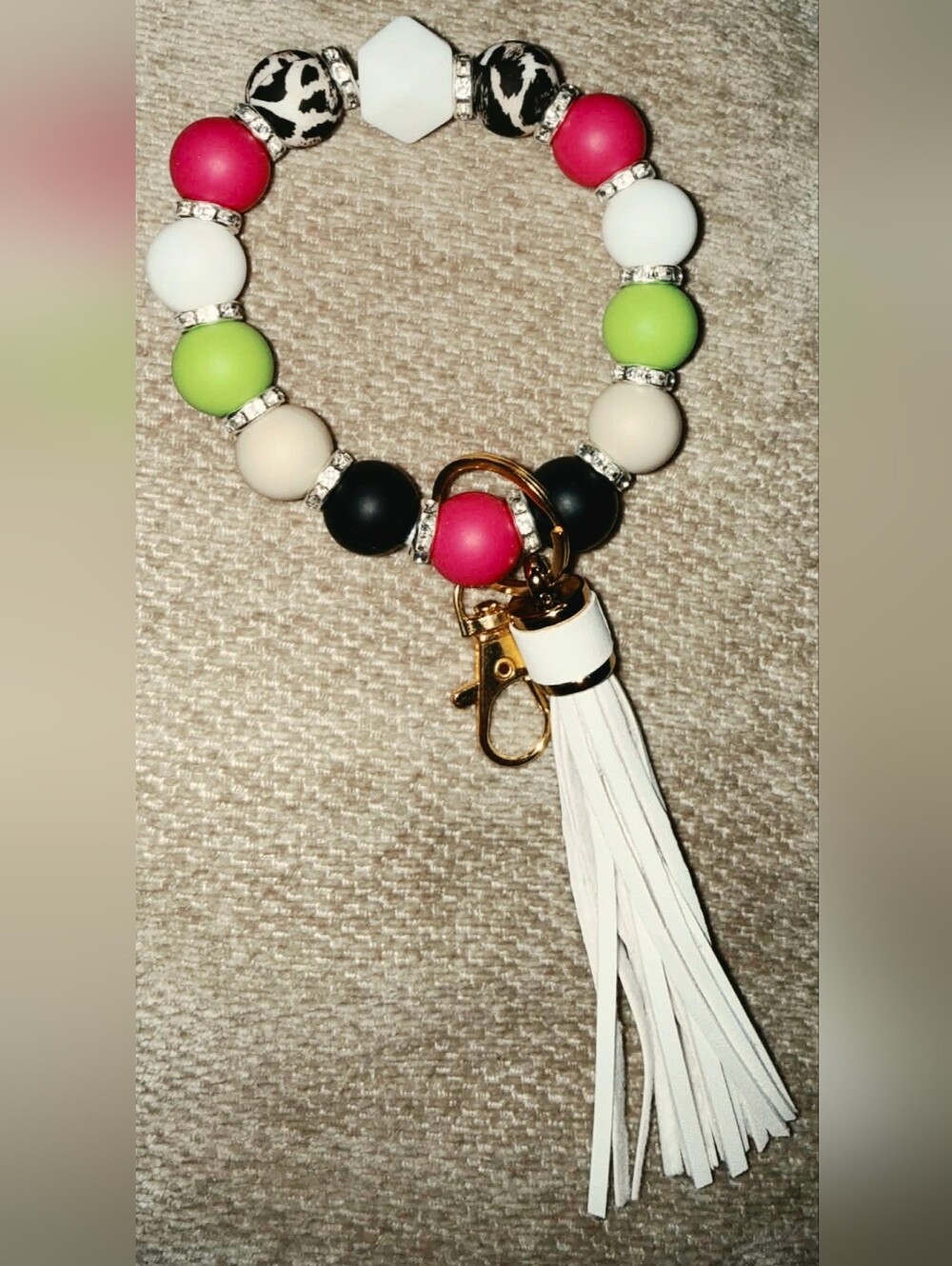 Colorful Beaded Wristlet Keychain Bracelet with White Tassel